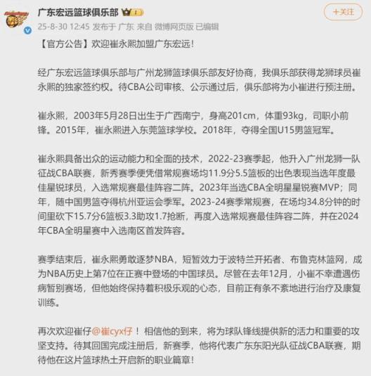 崔永熙正式回歸！NBA生涯落幕